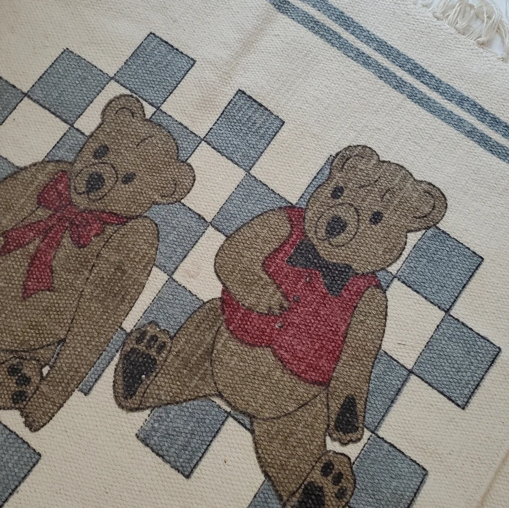 Teddy Bears On Check Woven Area Rug Or Wall Hanging W/ Fringe Ivory Blue Brown